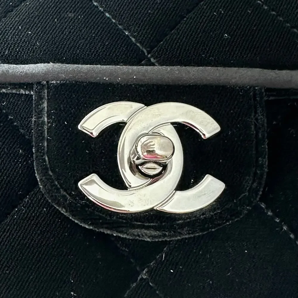 Chanel Matelassé CC Black Velvet East West Baguette Flap Bag SHW 05/06